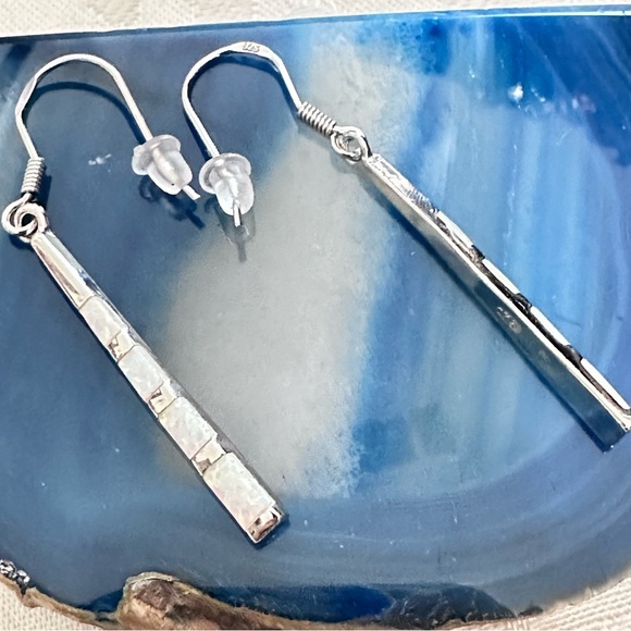 Polished Sterling Silver 925 Opal Inlay Drop Earrings Iridescent Tapered Dangle - Picture 7 of 10